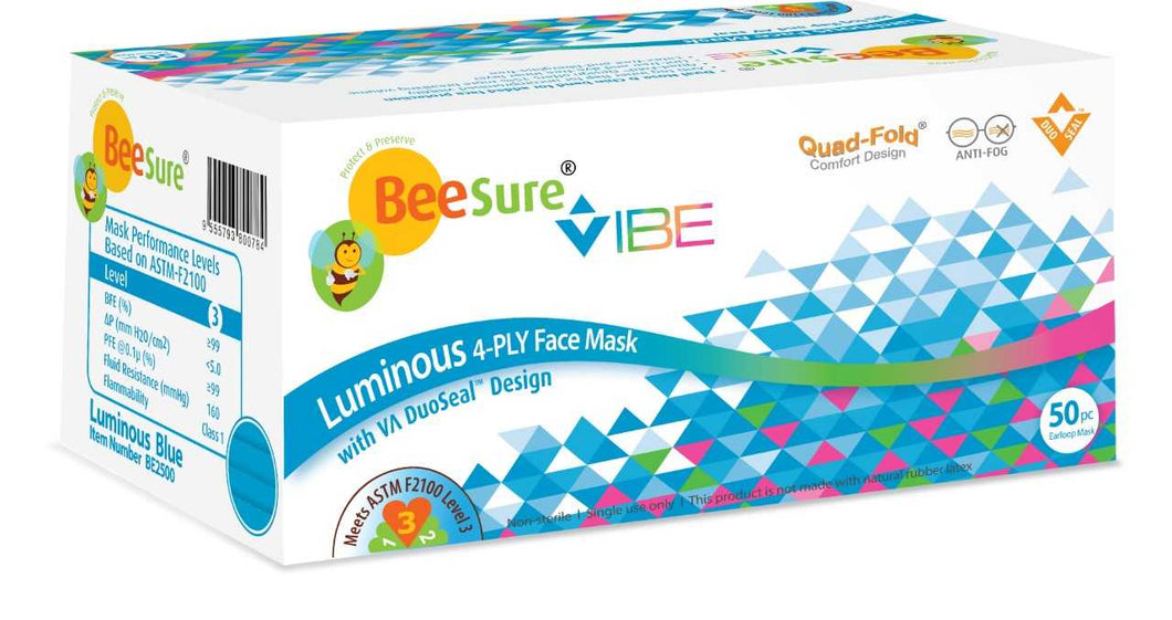BeeSure Vibe Face Masks ASTM Level 3, 400 masks/case (BE-2500/2510/2530/2580/2590, Blue, Green, Pink, White, or Gray)